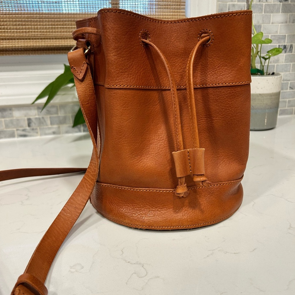 Cognac Leather Drawstring Bucket Bag